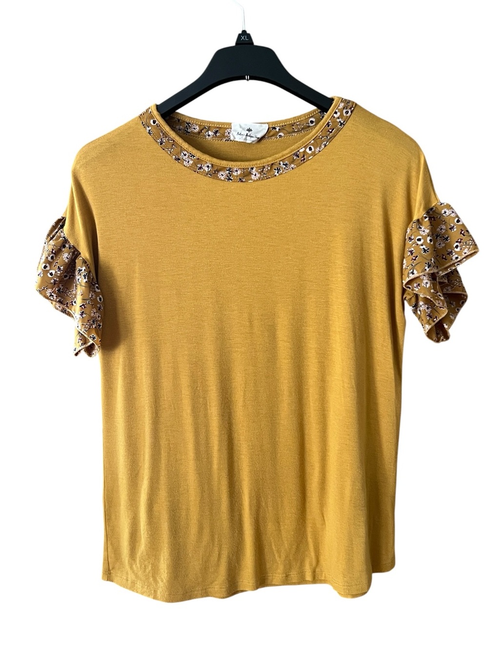 Mustard Ruffle Sleeve Floral Trim Tee Shirt Cottagecore Boho Fluttery Sleeves